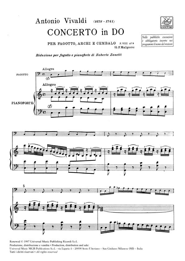 Concerto in Do Maggiore per Fagotto, Archi e BC - Rv 473 - F.Viii-9-Tomo 118 - Riduzione Per Fagotto E Pianoforte - fagot a klavír